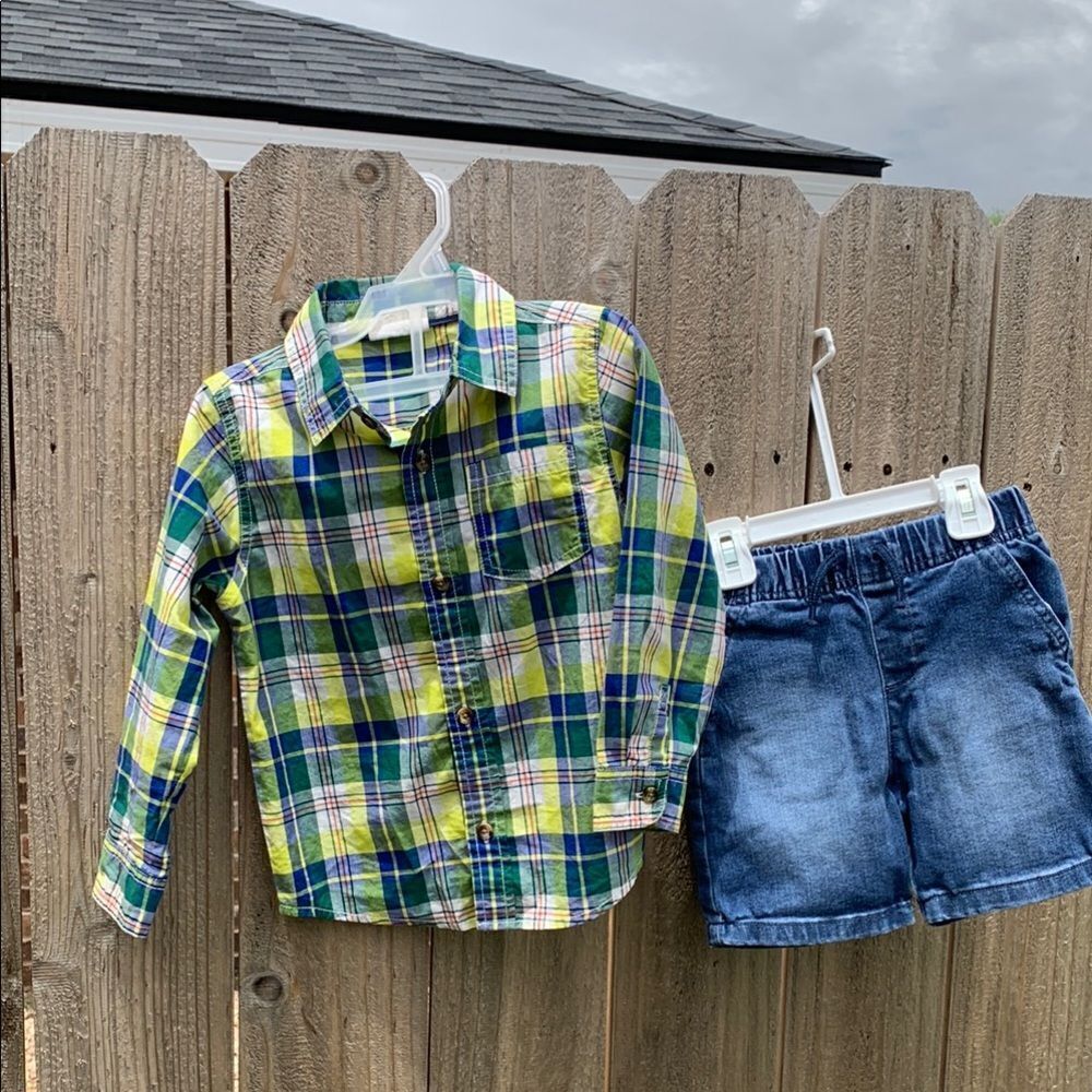 Take 50% OFF- Boys 2pcs Plaid Kids Shirt - Blue and Green and Shorts, Size-3T